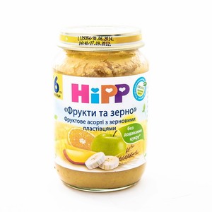 ХИПП Пюре фруктовое ассорти с зерновыми хлопьями Фрукты и зерно,190г